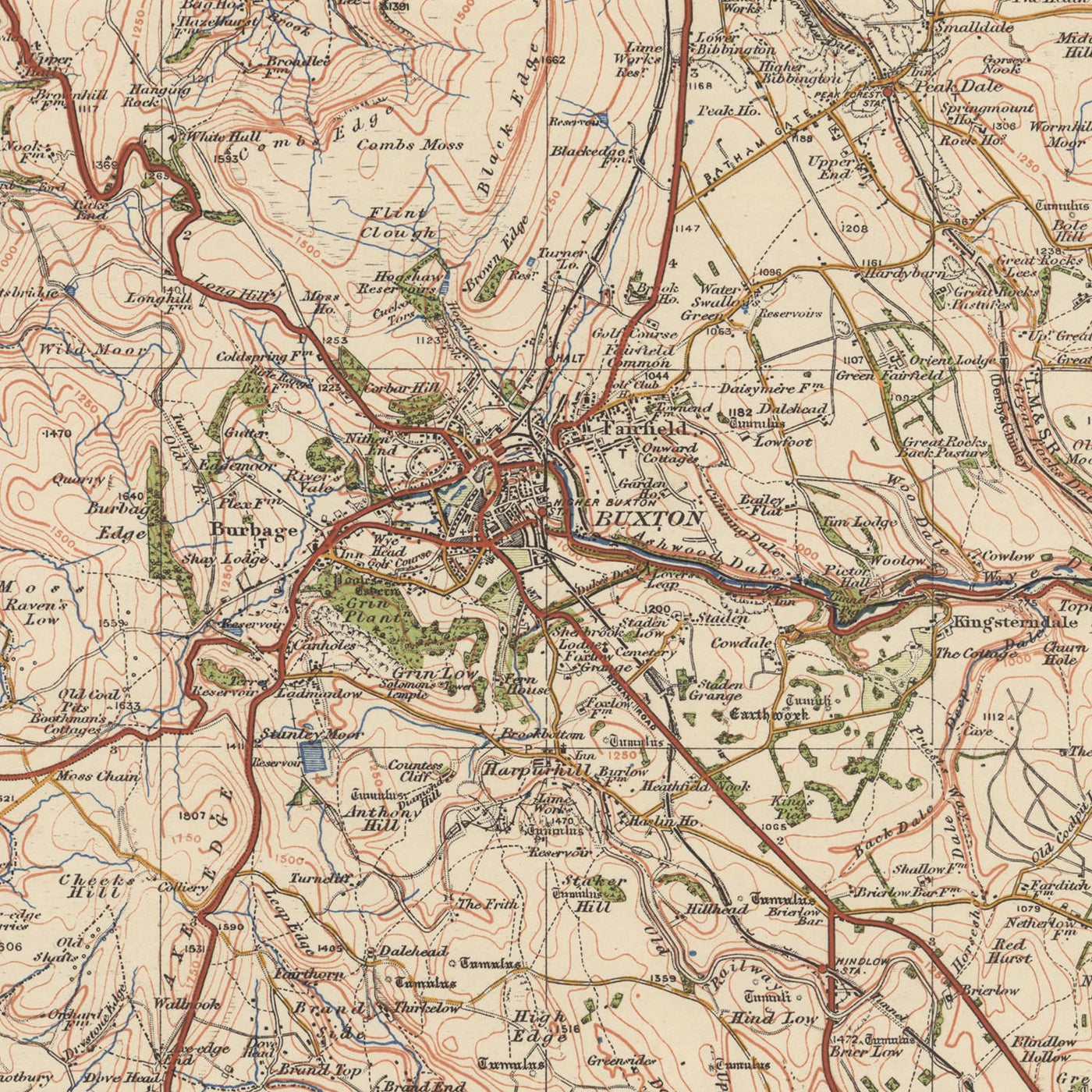 Mapa de Old Ordnance Survey, hoja 45 - Buxton & Matlock, 1925: Parque Nacional Leek, Chesterfield, Bakewell, Chapel-en-le-Frith y Peak District