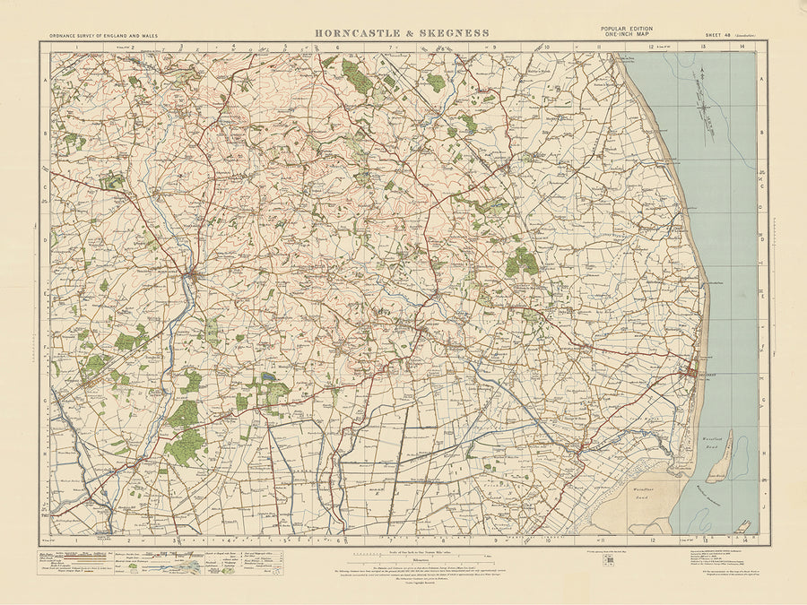 Alter Ordnance Survey-Karte, Blatt 48 - Horncastle & Skegness, 1925: Spilsby, Alford, Ingoldmells, Woodhall Spa, Lincolnshire Wolds AONB 