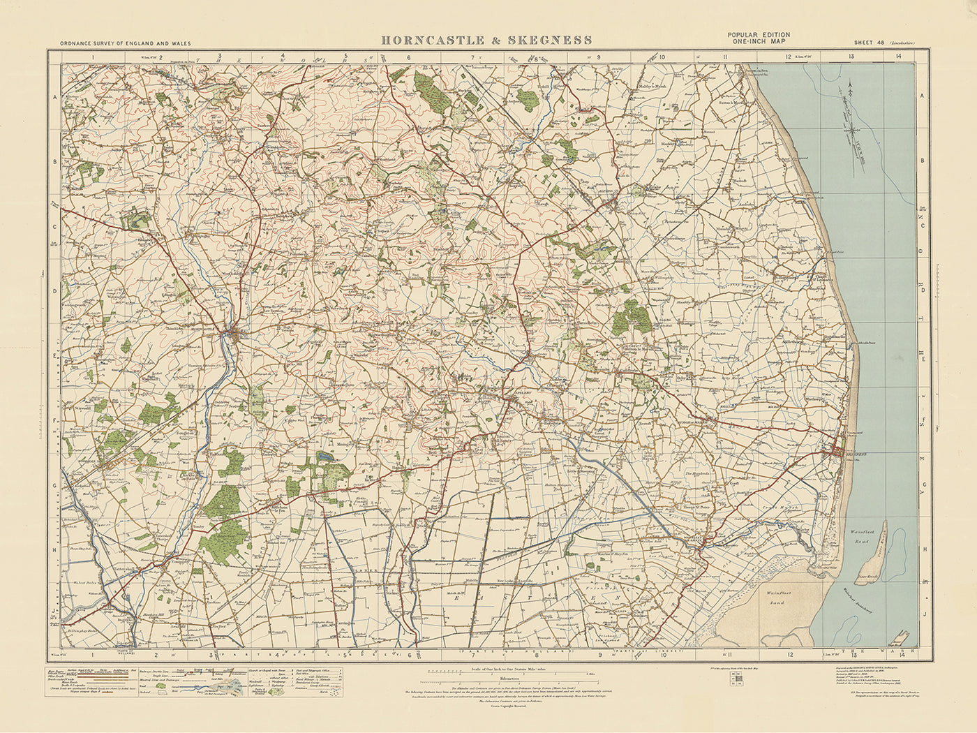 Mapa de estudio de artillería antigua, hoja 48 - Horncastle & Skegness, 1925: Spilsby, Alford, Ingoldmells, Woodhall Spa, Lincolnshire Wolds AONB