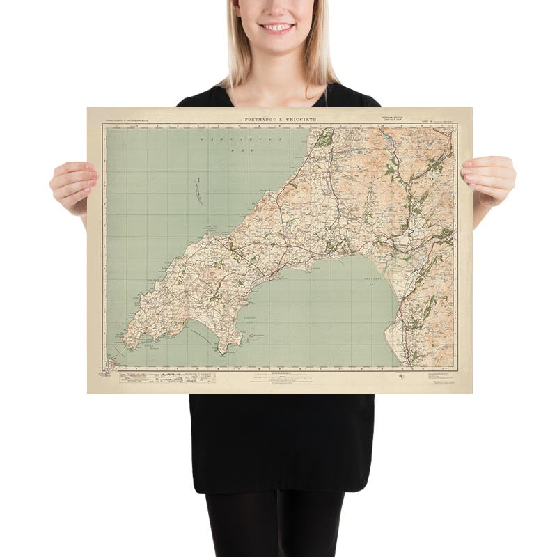 Alter Ordnance Survey Karte, Blatt 49 - Portmadoc & Criccieth, 1925: Harlech, Pwllheli, Abersoch, Yr Wyddfa (Mt Snowdon), Eryri Nationalpark 