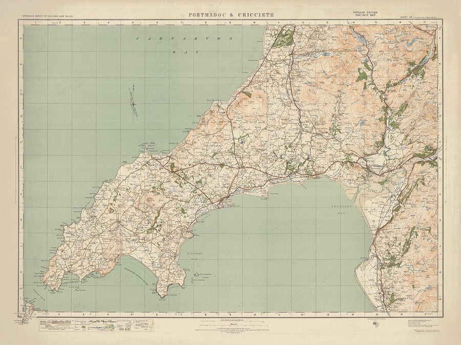 Alter Ordnance Survey Karte, Blatt 49 - Portmadoc & Criccieth, 1925: Harlech, Pwllheli, Abersoch, Yr Wyddfa (Mt Snowdon), Eryri Nationalpark 