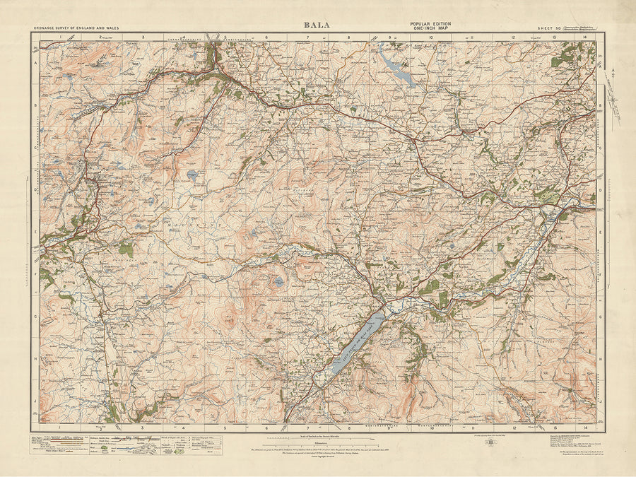 Mapa de Old Ordnance Survey, Hoja 50 - Bala, 1925: Corwen, Blaenau Ffestiniog, Trawsfynydd, Coed y Brenin Forest Park, Parque Nacional Eryri (Snowdonia)