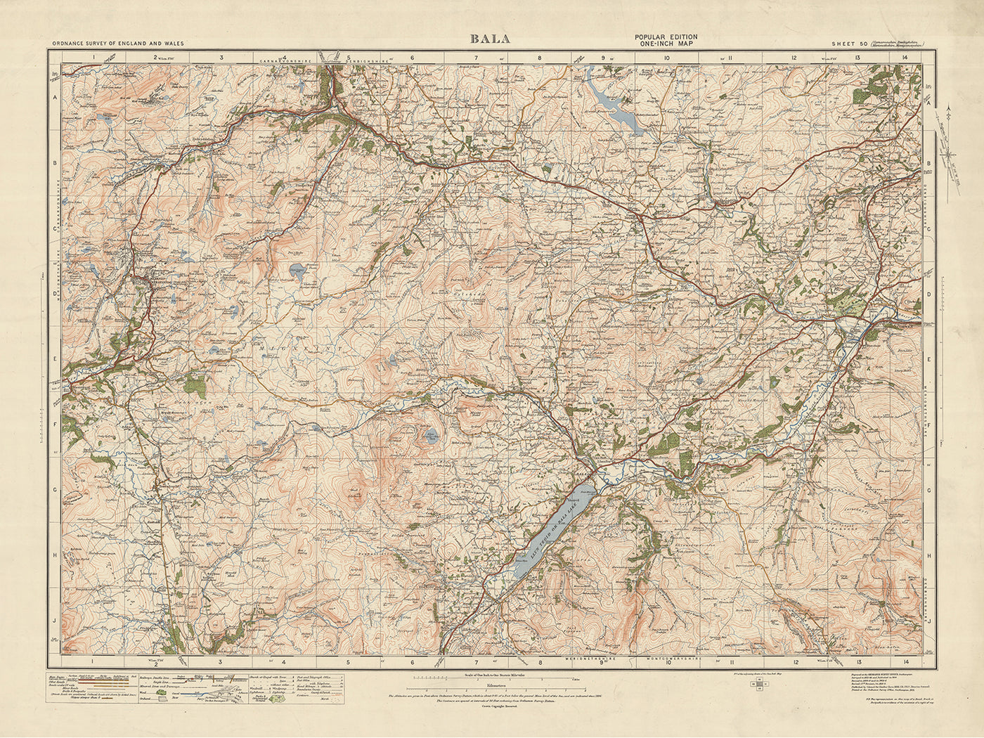 Mapa de Old Ordnance Survey, Hoja 50 - Bala, 1925: Corwen, Blaenau Ffestiniog, Trawsfynydd, Coed y Brenin Forest Park, Parque Nacional Eryri (Snowdonia)