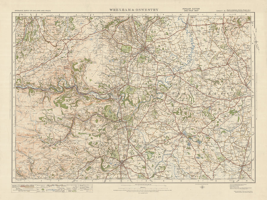 Mapa de estudio de artillería antigua, hoja 51 - Wrexham & Oswestry, 1925: LLangolen, Wem, Ellesmere, Malpas