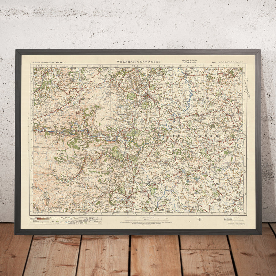 Mapa de estudio de artillería antigua, hoja 51 - Wrexham & Oswestry, 1925: LLangolen, Wem, Ellesmere, Malpas