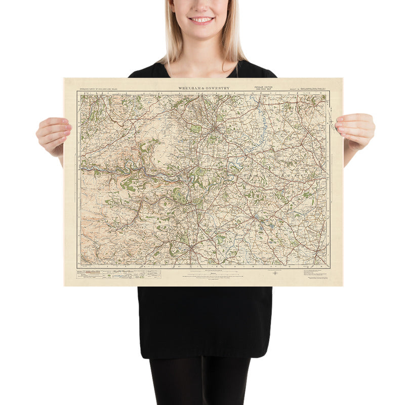 Mapa de estudio de artillería antigua, hoja 51 - Wrexham & Oswestry, 1925: LLangolen, Wem, Ellesmere, Malpas