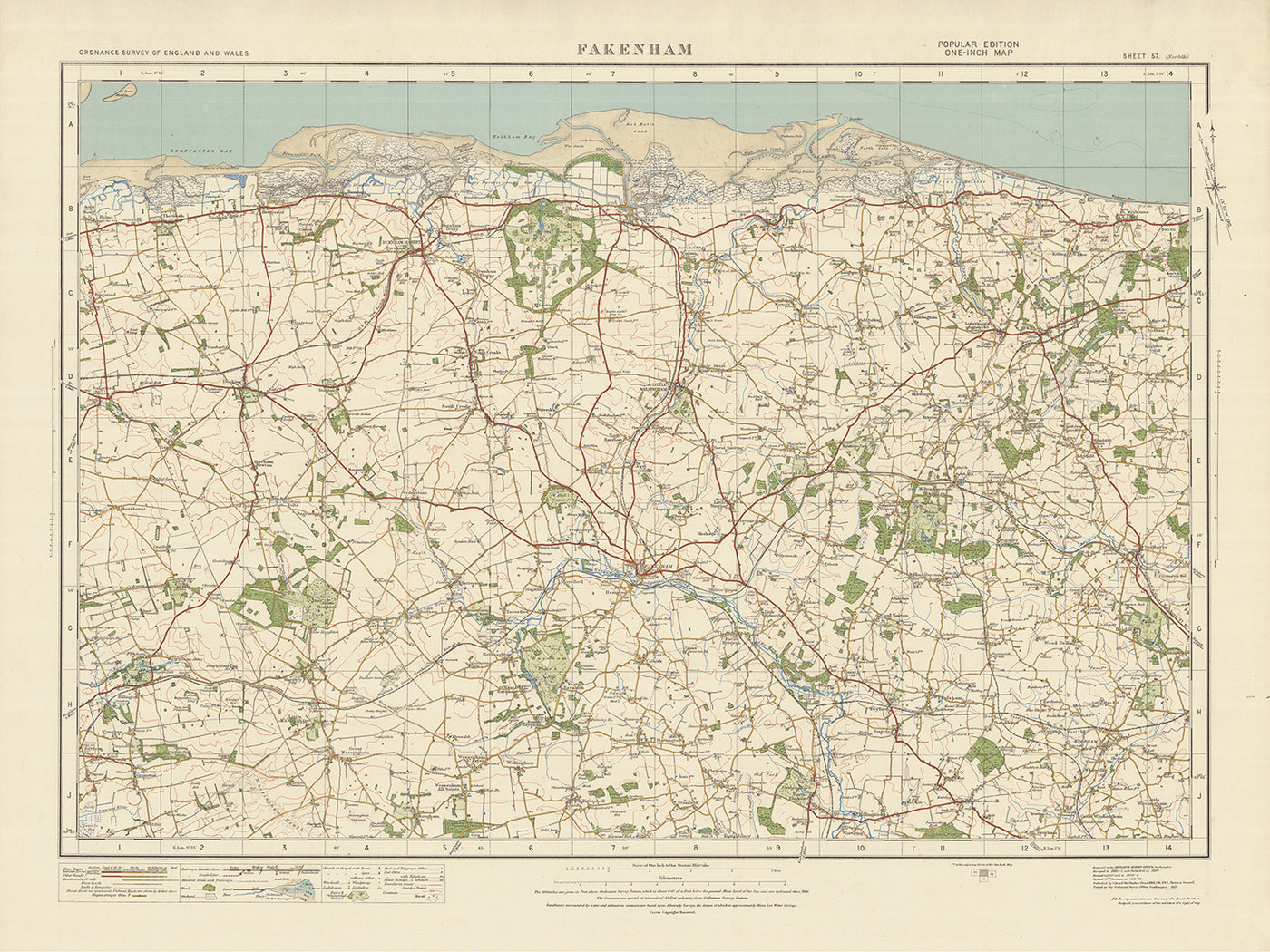 Old Ordnance Survey Map, Sheet 57 - Fakenham, 1925: Holt, Burnham Market, Little Walsingham, Briston, Norfolk Coast AONB