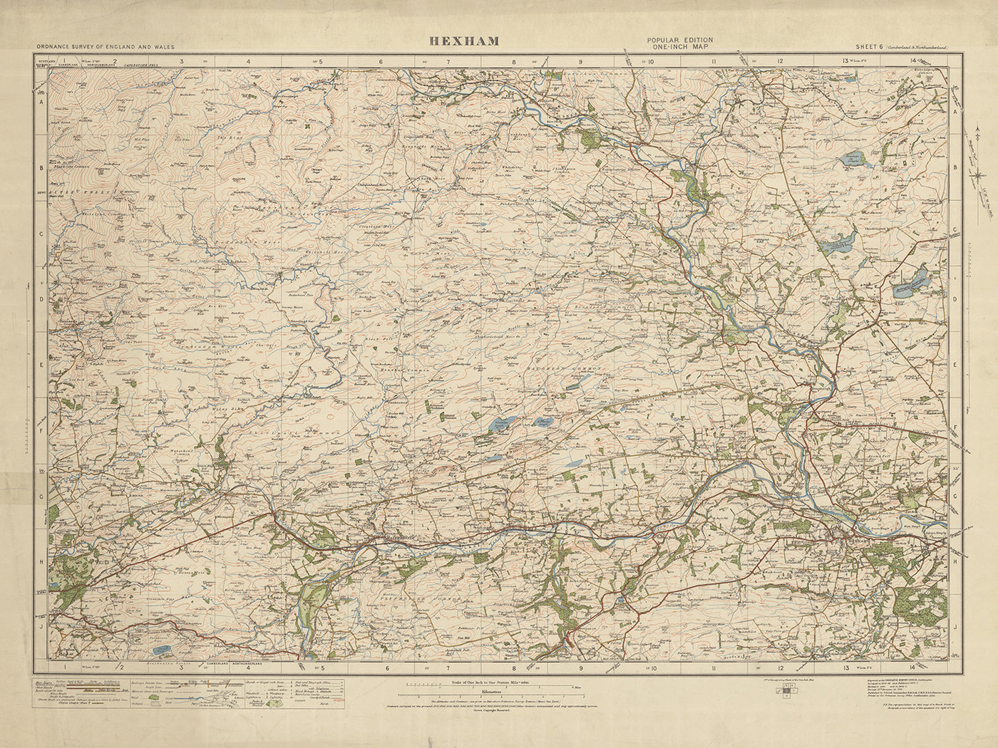 Ancienne carte de l'Ordnance Survey, Feuille 6 - Hexham, 1919-1926 : Corbridge, Haltwhistle, Bardon Mill, avec le mur d'Hadrien et Vindolanda 