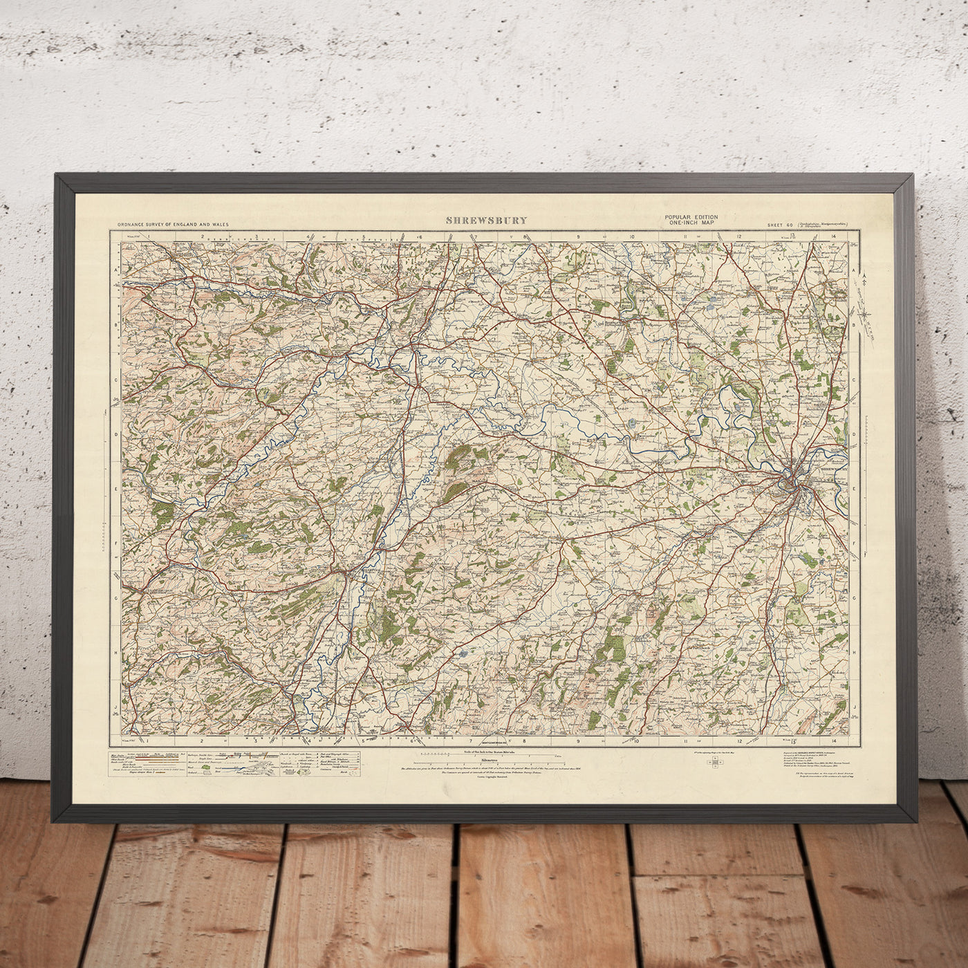 Mapa de Old Ordnance Survey, hoja 60 - Shrewsbury, 1925: Welshpool, Llanfyllin, Llanrhaeadr-ym-Mochnant, Llanfair Caereinion, Shropshire Hills AONB