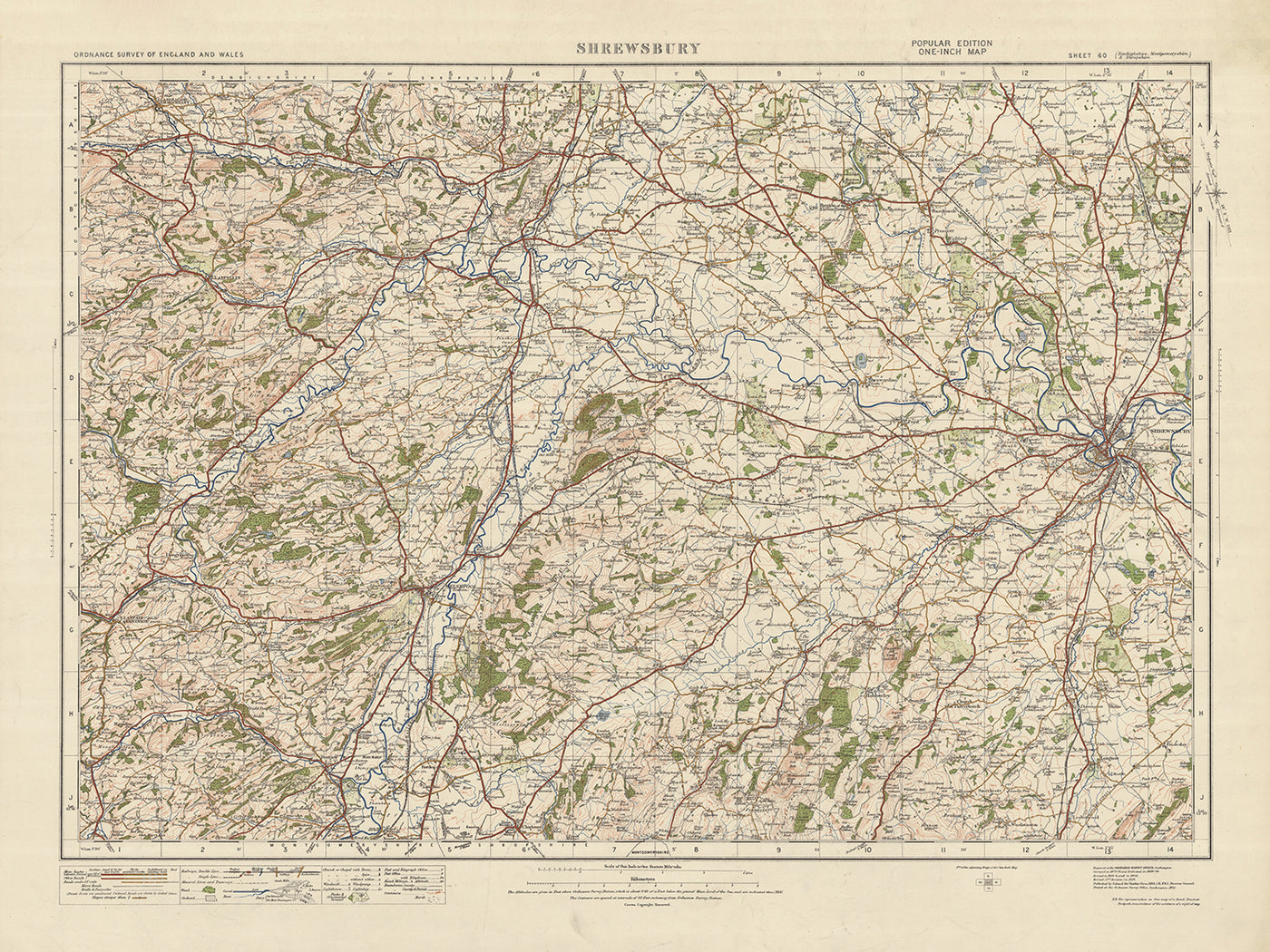 Mapa de Old Ordnance Survey, hoja 60 - Shrewsbury, 1925: Welshpool, Llanfyllin, Llanrhaeadr-ym-Mochnant, Llanfair Caereinion, Shropshire Hills AONB