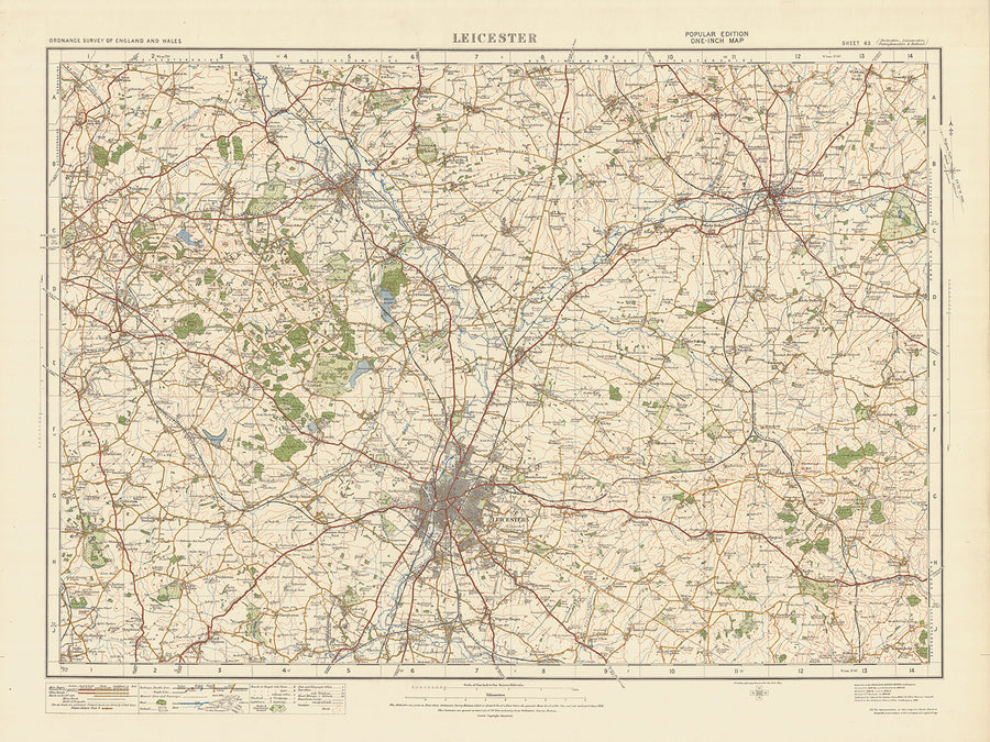Alte Ordnance Survey Karte, Blatt 63 - Leicester, 1925: Loughborough, Coalville, Melton Mowbray, Wigston, Shepshed 