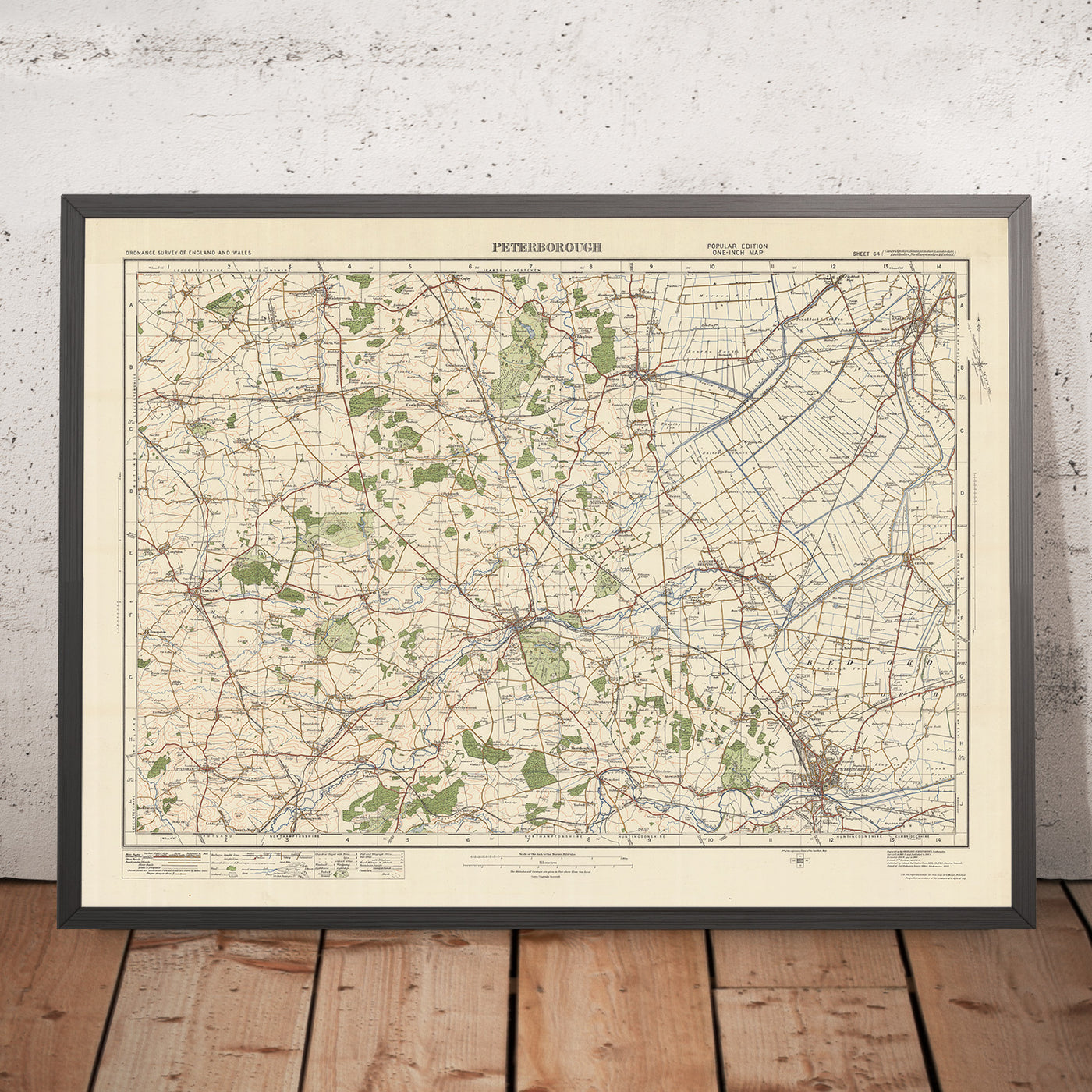 Alter Ordnance Survey Karte, Blatt 64 - Peterborough, 1925: Stamford, Oakley, Bourne, Spalding, Burghley House 