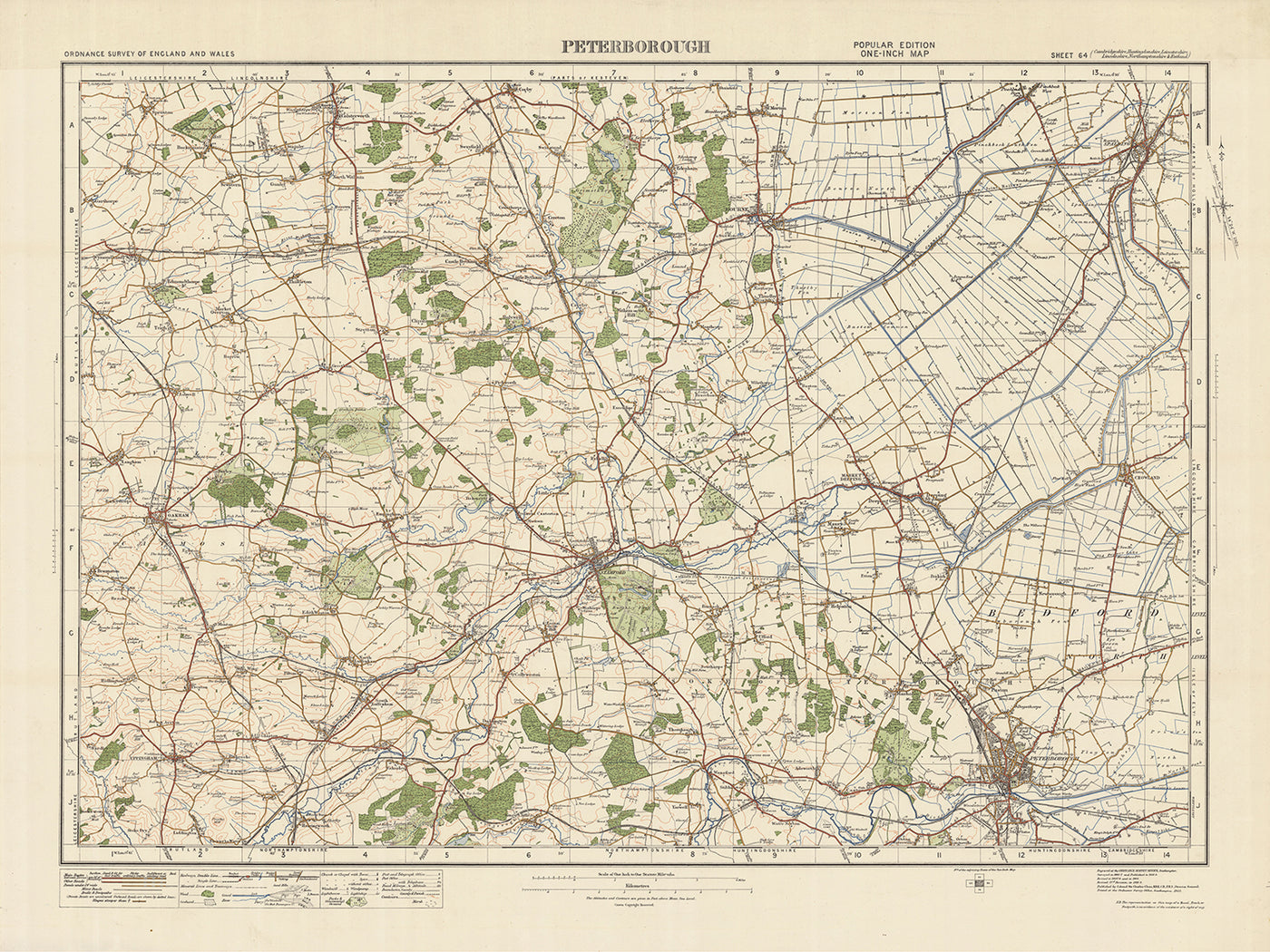 Alter Ordnance Survey Karte, Blatt 64 - Peterborough, 1925: Stamford, Oakley, Bourne, Spalding, Burghley House 