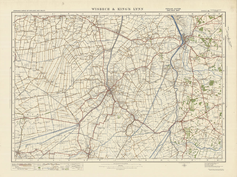 Alte Ordnance Survey-Karte, Blatt 65 - Wisbech & Kings Lynn, 1925: Downham Market, Long Sutton, Holbeach, Outwell, Fluss Great Ouse 