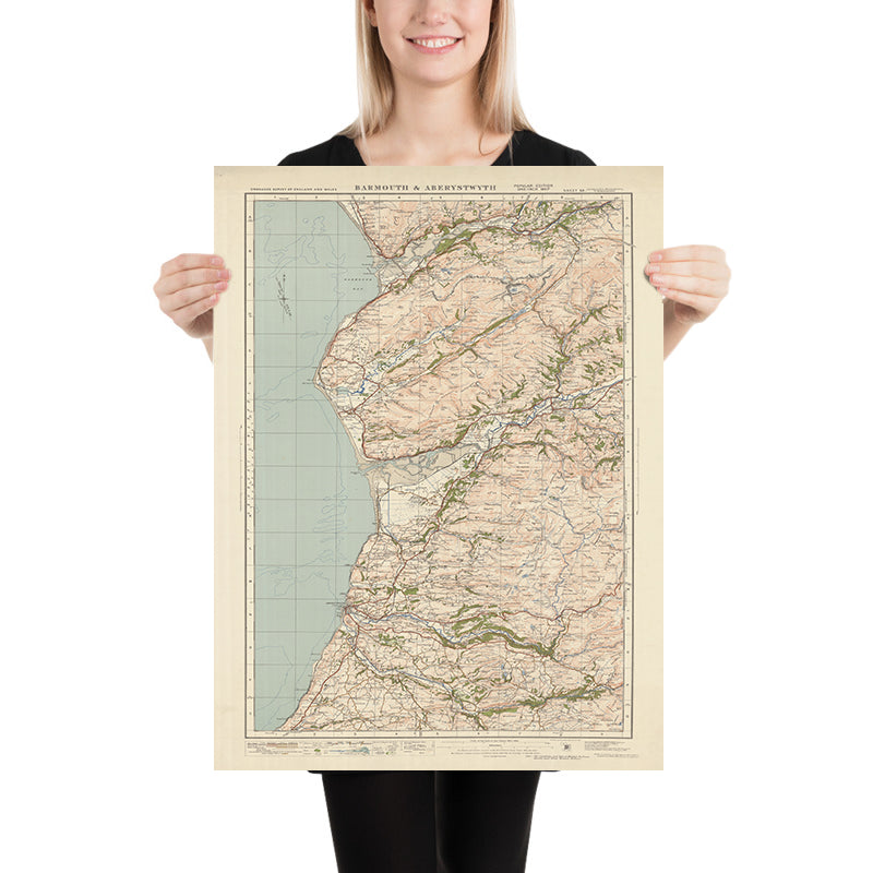 Mapa de Old Ordnance Survey, hoja 68 - Barmouth y Aberystwyth, 1925: Tywyn, Aberdyfi, Machynlleth, Parque Nacional Eryri (Snowdonia)