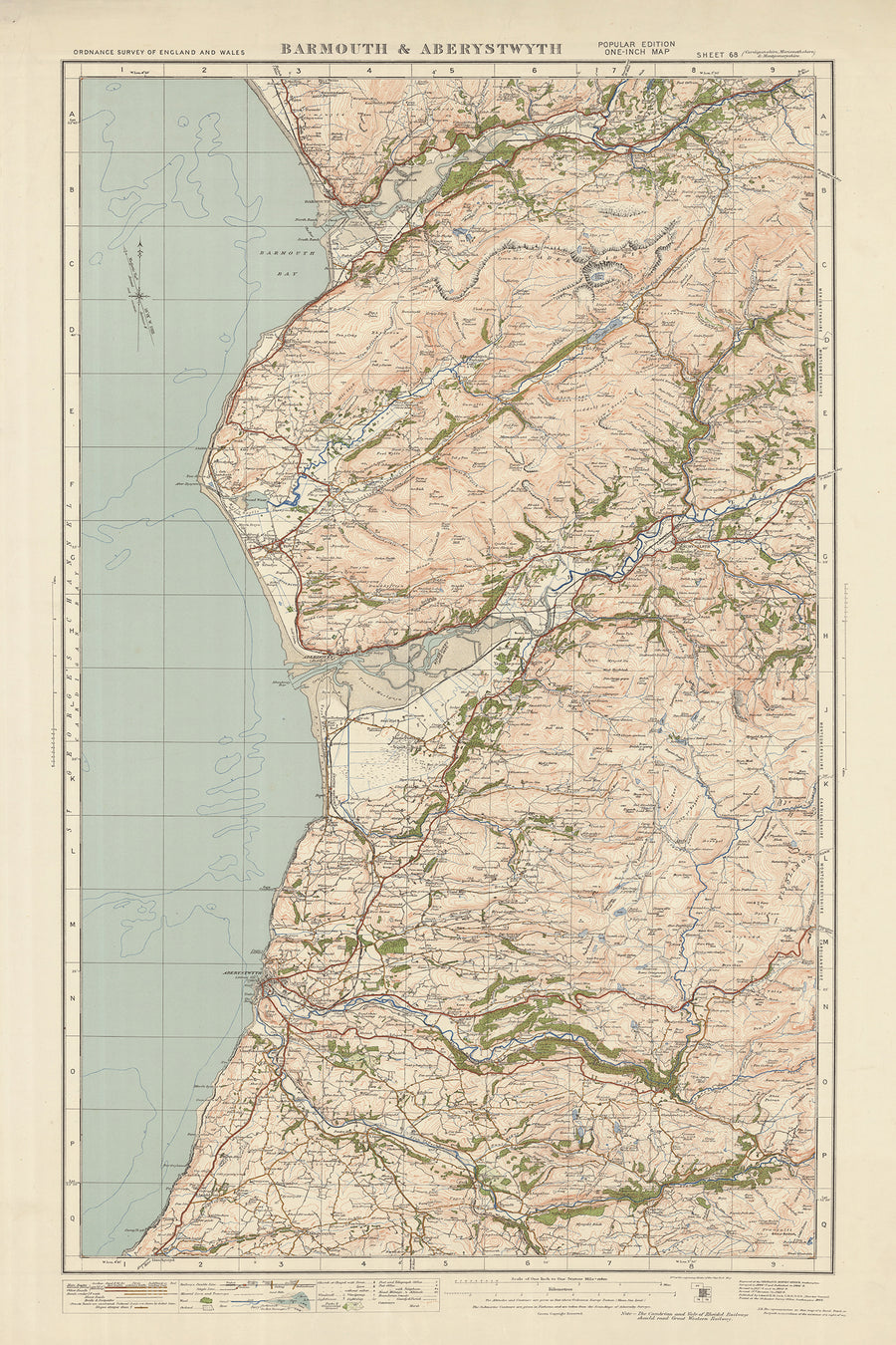 Alter Ordnance Survey Karte, Blatt 68 - Barmouth & Aberystwyth, 1925: Tywyn, Aberdyfi, Machynlleth, Eryri Nationalpark (Snowdonia) 