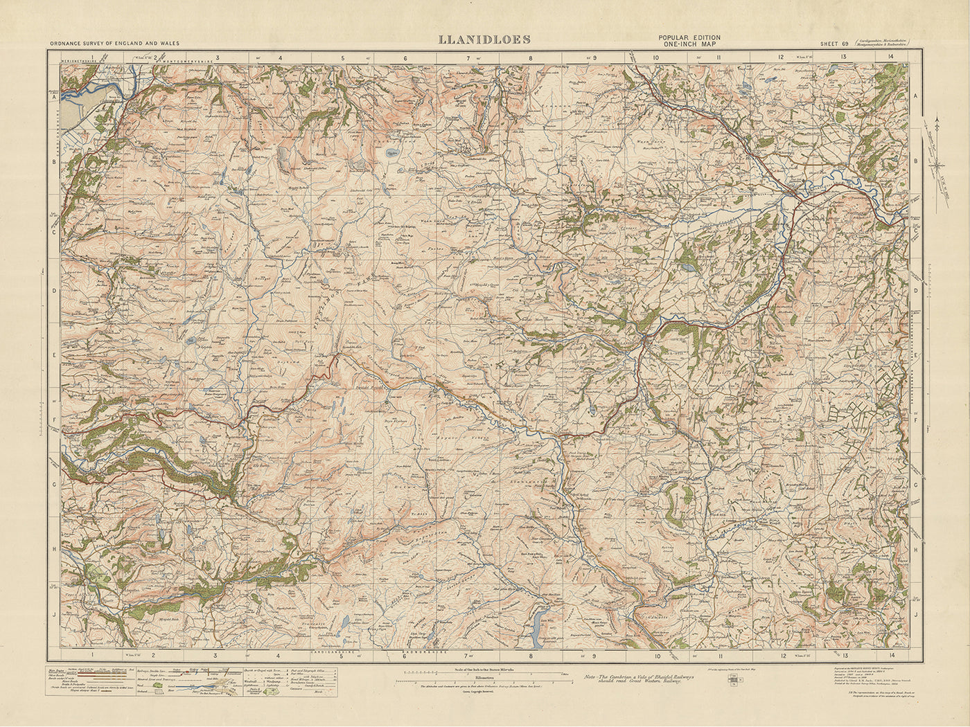 Alte Ordnance Survey-Karte, Blatt 69 - Llanidloes, 1925: Carno, Caersws, Llanbrynmair, Ponterwyd, Teufelsbrücke Fälle 