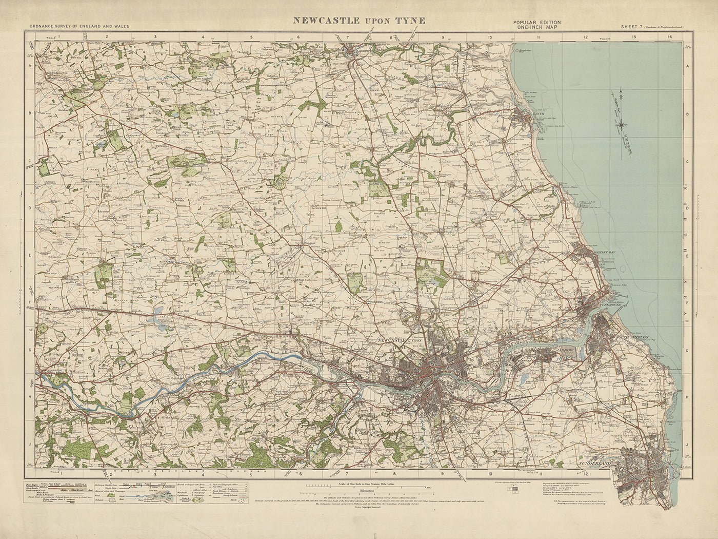Alte Ordnance Survey-Karte, Blatt 7 - Newcastle Upon Tyne, 1919-1926: Gateshead, Whitley Bay, Blaydon, Cramlington, Tyne River, Hadrianswall 