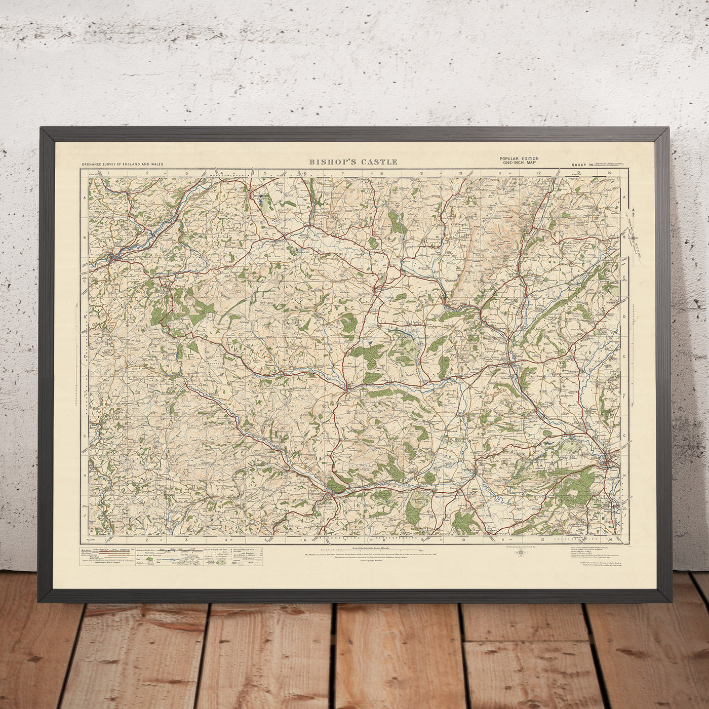 Carte Old Ordnance Survey, feuille 70 - Château des évêques, 1925 : Newtown, Knighton, Clun, Ludlow, Shropshire Hills AONB