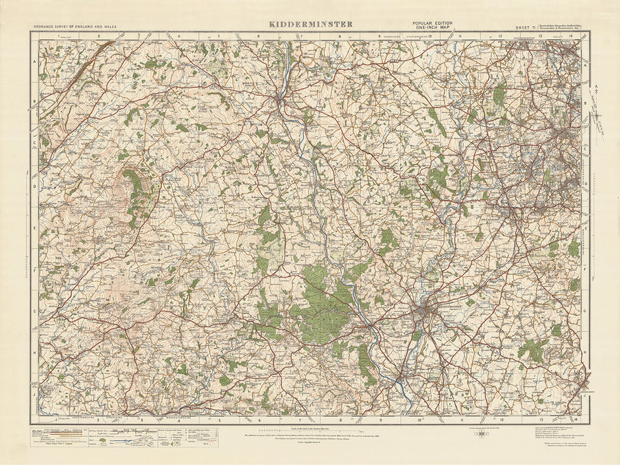 Alte Ordnance Survey-Karte, Blatt 71 - Kidderminster, 1925: Dudley, Stourbridge, Stourport-on-Severn, Bridgnorth, Wyre Forest National Nature Reserve 