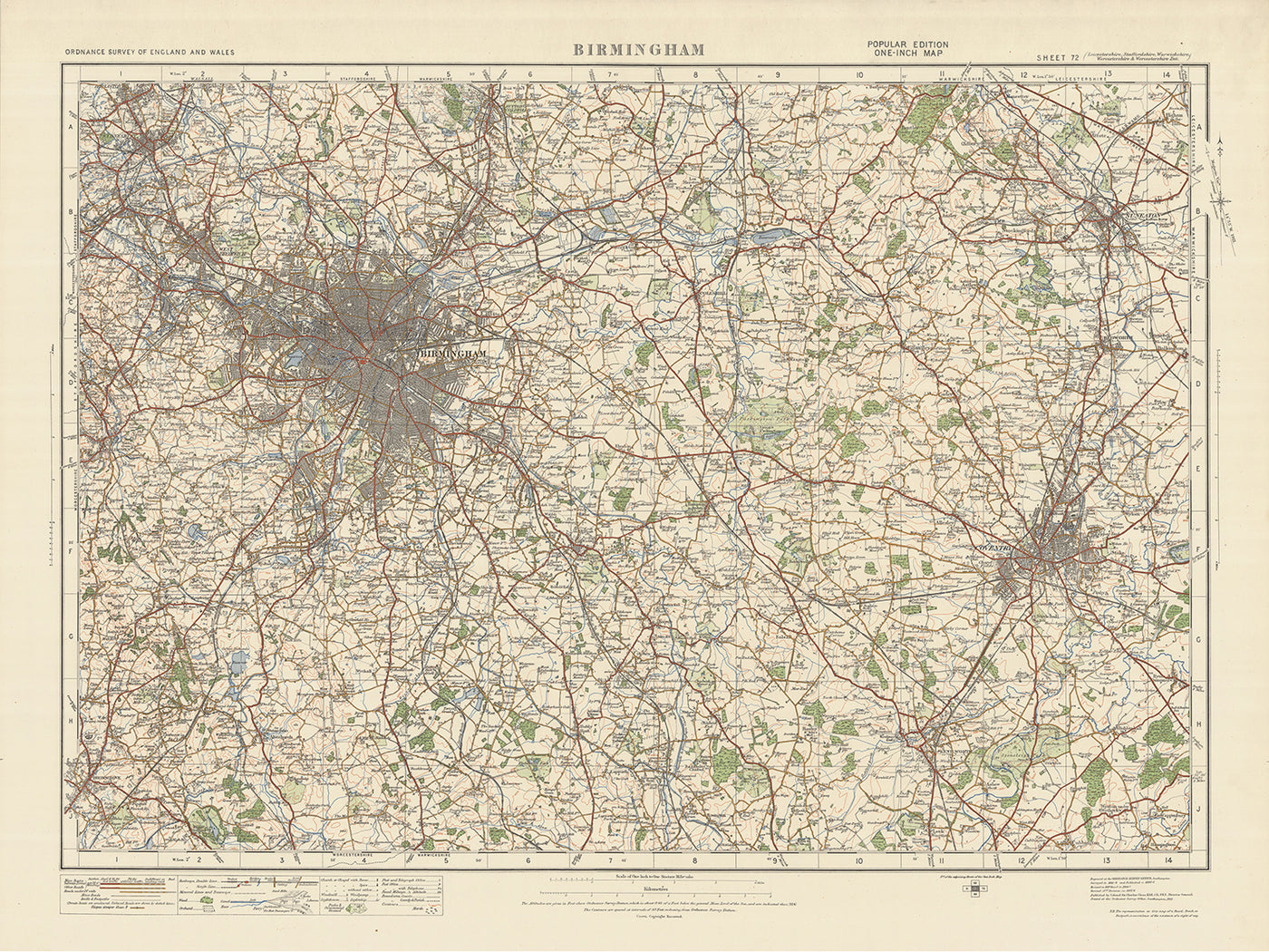 Mapa de Old Ordnance Survey, hoja 72 - Birmingham, 1925: Coventry, Nuneaton, Solihull, Kenilworth, West Bromwich