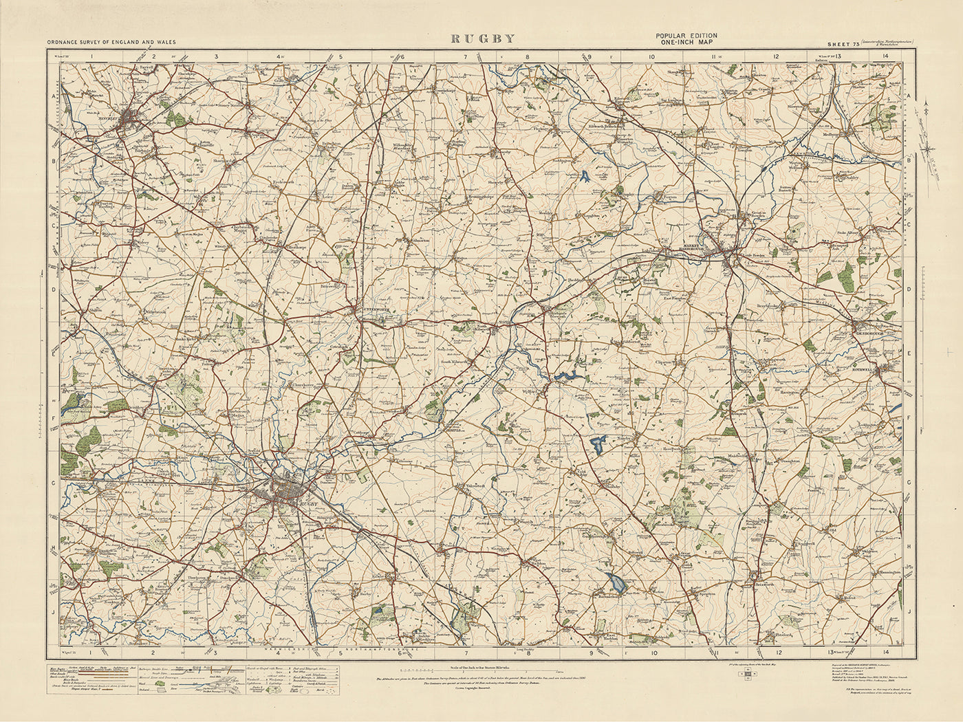 Alte Ordnance Survey Karte, Blatt 73 - Rugby, 1925: Hinckley, Market Harborough, Lutterworth, Desborough, Rothwell 