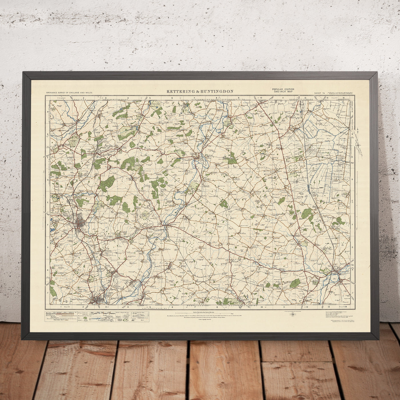 Mapa de estudio de artillería antigua, hoja 74 - Kettering & Huntingdon, 1925: Corby, Oundle, Wellingborough, Huntingdon, Yaxley