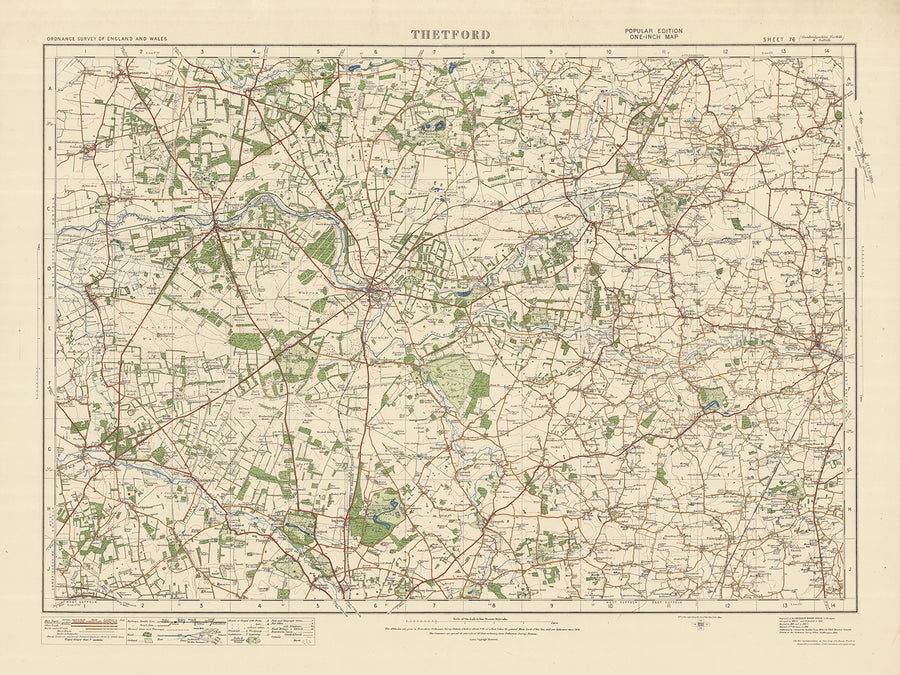 Alte Ordnance Survey-Karte, Blatt 76 - Thetford, 1925: Brandon, Mildenhall, Diss, Lakenheath, East Harling 