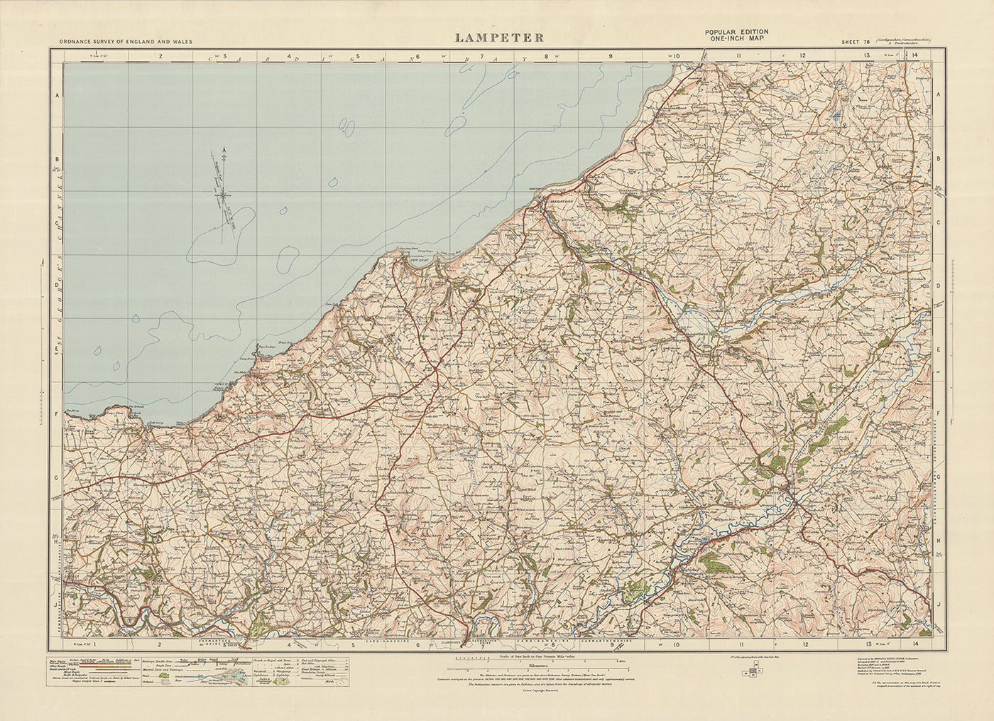 Alter Ordnance Survey Karte, Blatt 78 - Lampeter, 1925: New Quay, Aberaeron, Llanbydder, Llandysul, Cardigan Bay 