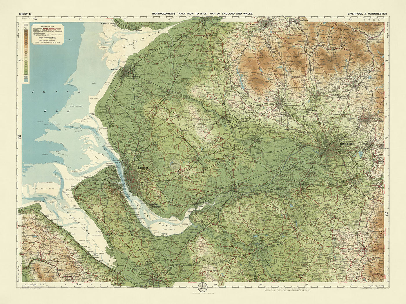 Ancienne carte OS de Liverpool et Manchester par Bartholomew, 1901 : Mersey, collines des Pennines, parc national du Peak District, Chester, chemins de fer 