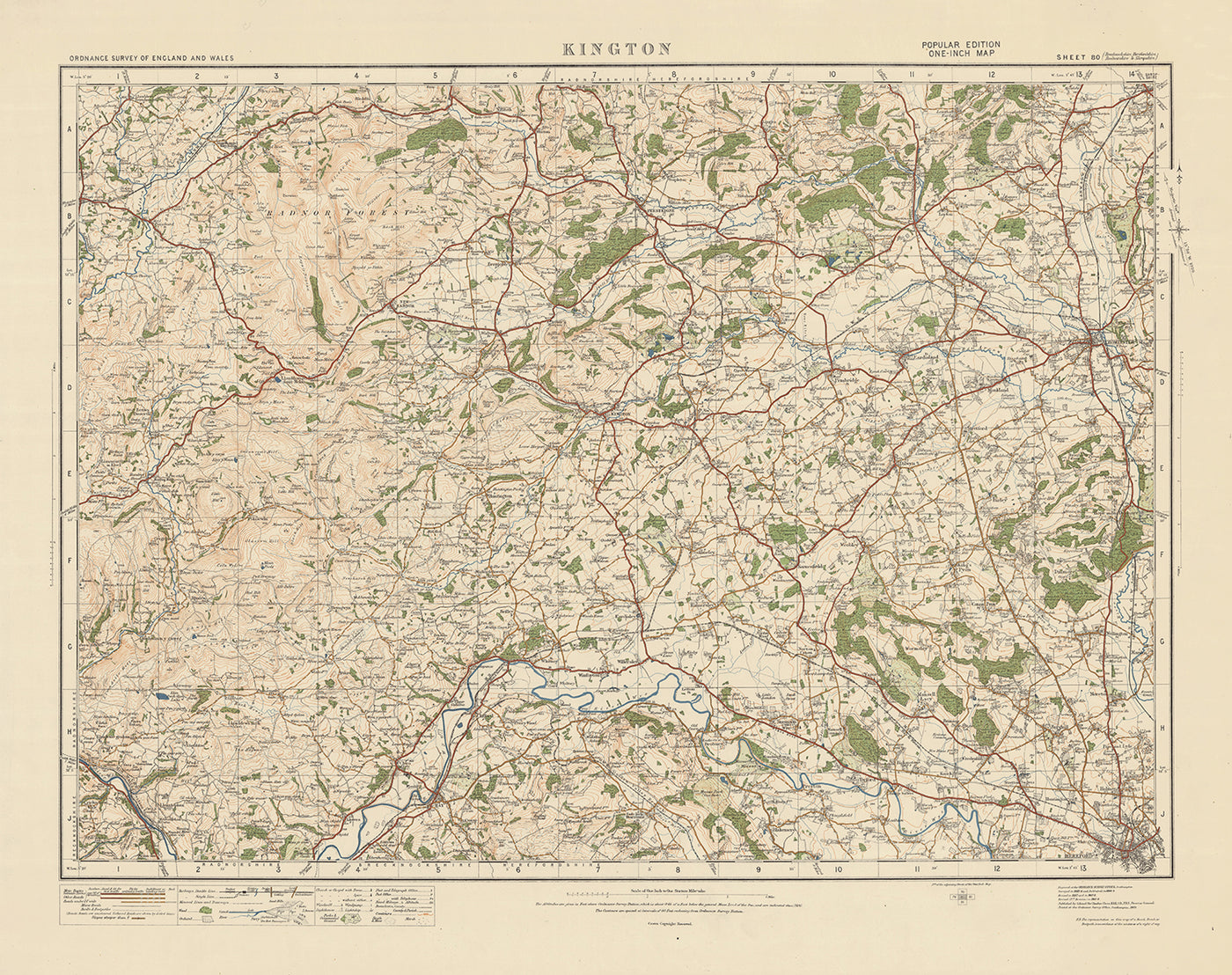 Alte Ordnance Survey-Karte, Blatt 80 - Kington, 1925: Leominster, Hereford, Presteigne, Hay-on-Wye, New Radnor 