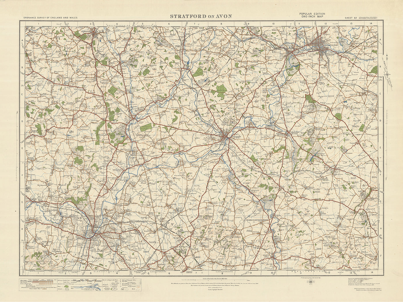 Old Ordnance Survey Map, Sheet 82 - Stratford on Avon, 1925: Warwick, Royal Leamington Spa, Redditch, Evesham, Alcester