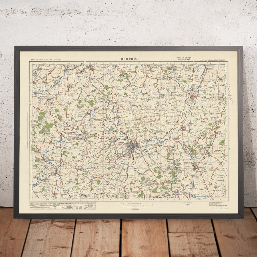Carte Old Ordnance Survey, feuille 84 - Bedford, 1925 : St Neots, Biggleswade, Sandy, Newport Pagnell, Rushden