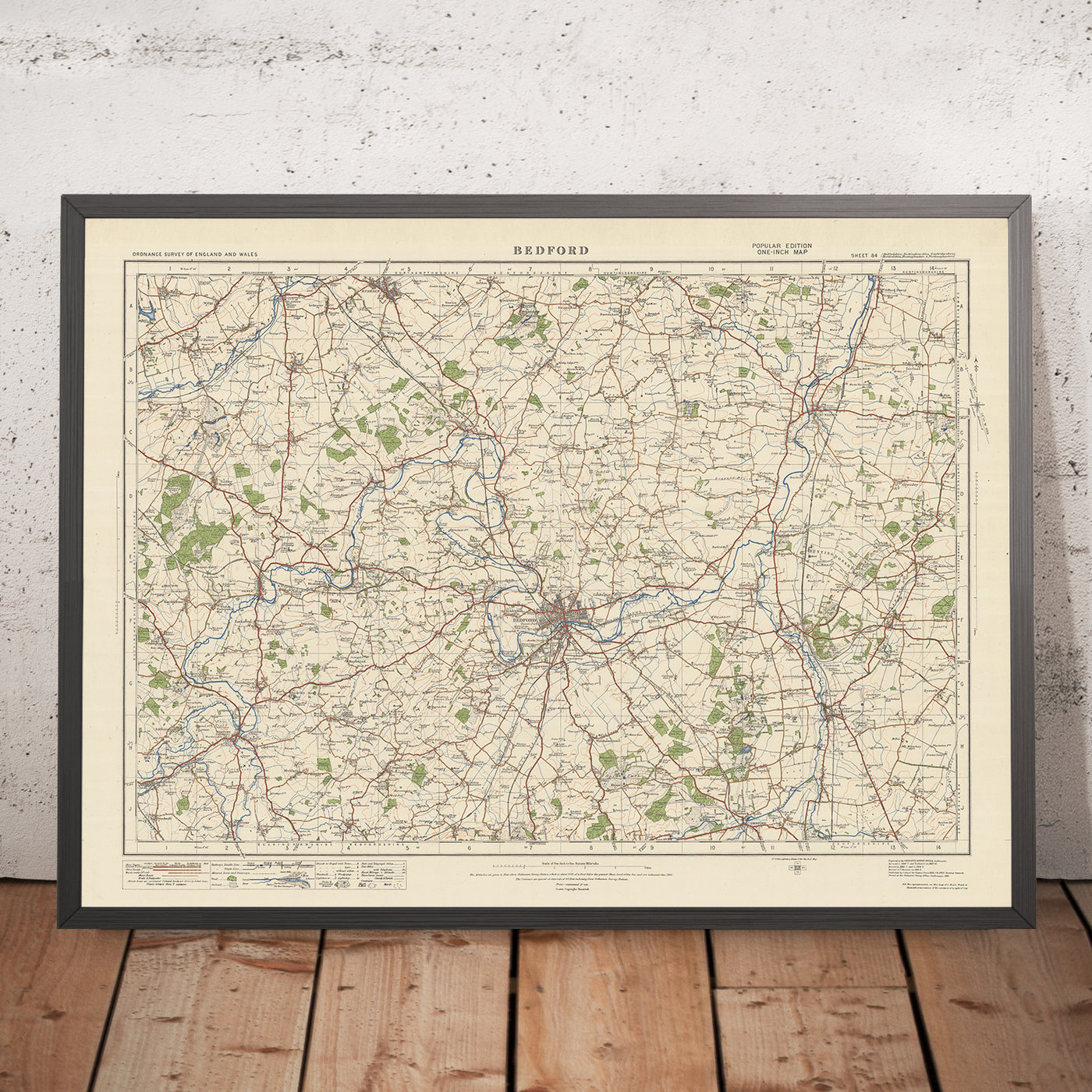 Mapa de Old Ordnance Survey, hoja 84 - Bedford, 1925: St Neots, Biggleswade, Sandy, Newport Pagnell, Rushden