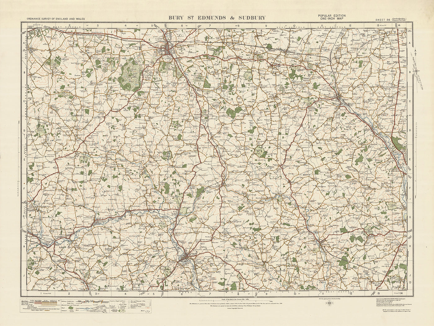 Alter Ordnance Survey-Karte, Blatt 86 - Bury St. Edmunds & Sudbury, 1925: Haverhill, Stowmarket, Hadleigh, Needham Market, Glemsford 