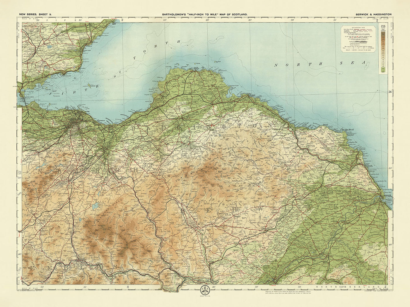 Antigua mapa OS de Berwick y Haddington de Bartholomew, 1901: Río Tweed, Colinas Lammermuir, East Lothian, Fronteras Escocesas 