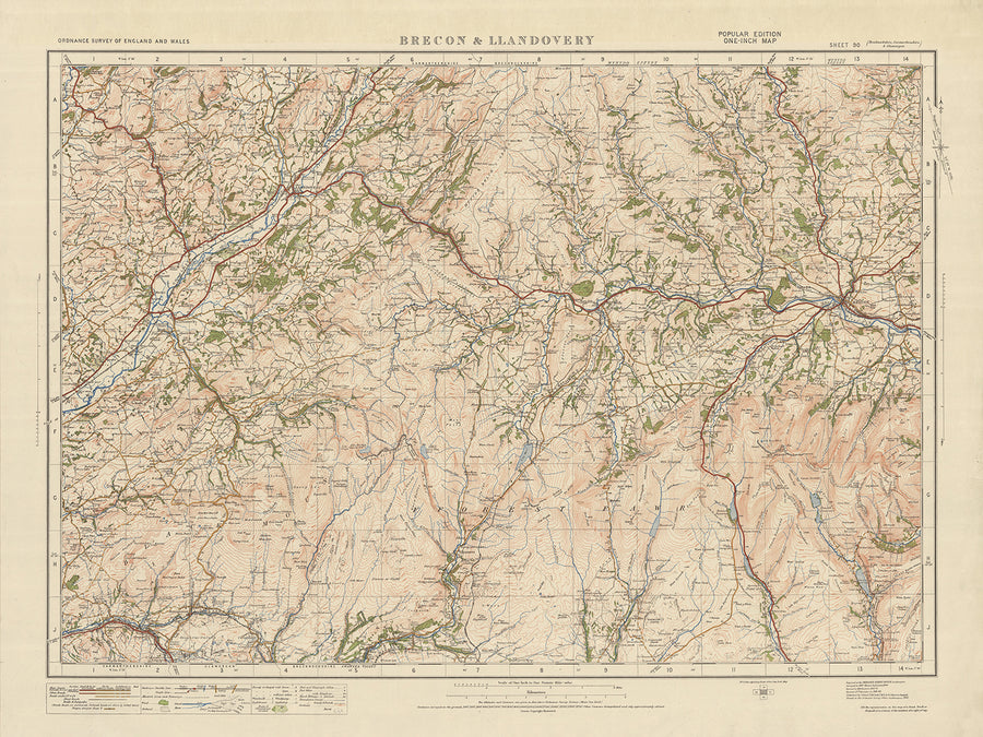 Alter Ordnance Survey Karte, Blatt 90 - Brecon & Llandovery, 1925: Llangadog, Llanwrda, Glanaman, National Showcaves Centre for Wales, Bannau Brycheiniog Nationalpark 