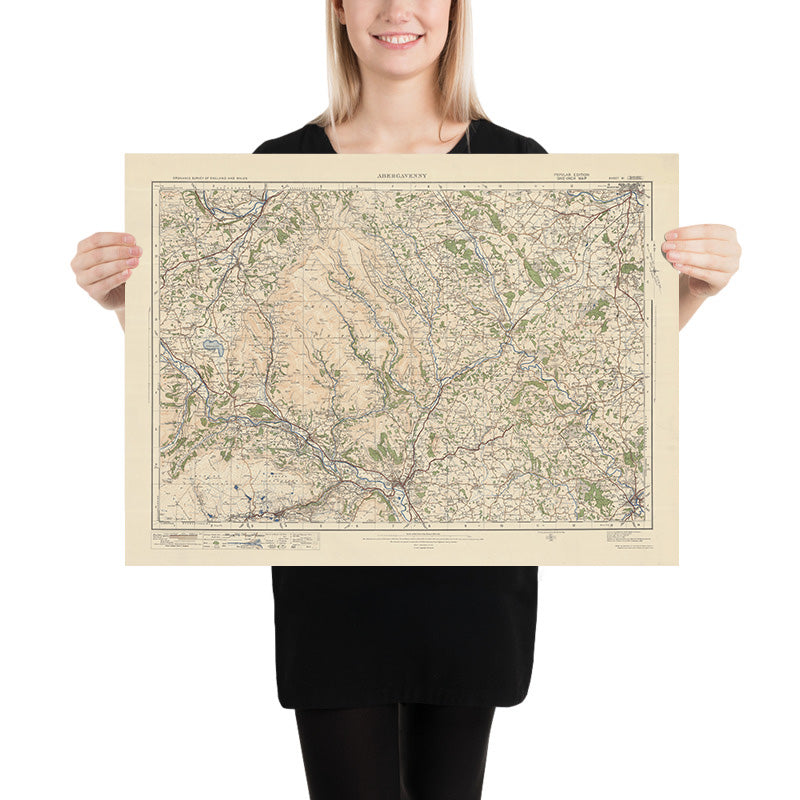 Carte Old Ordnance Survey, feuille 91 - Abergavenny, 1925 : Crickhowell, Hereford, Brynmawr, Monmouth, parc national Bannau Brycheiniog