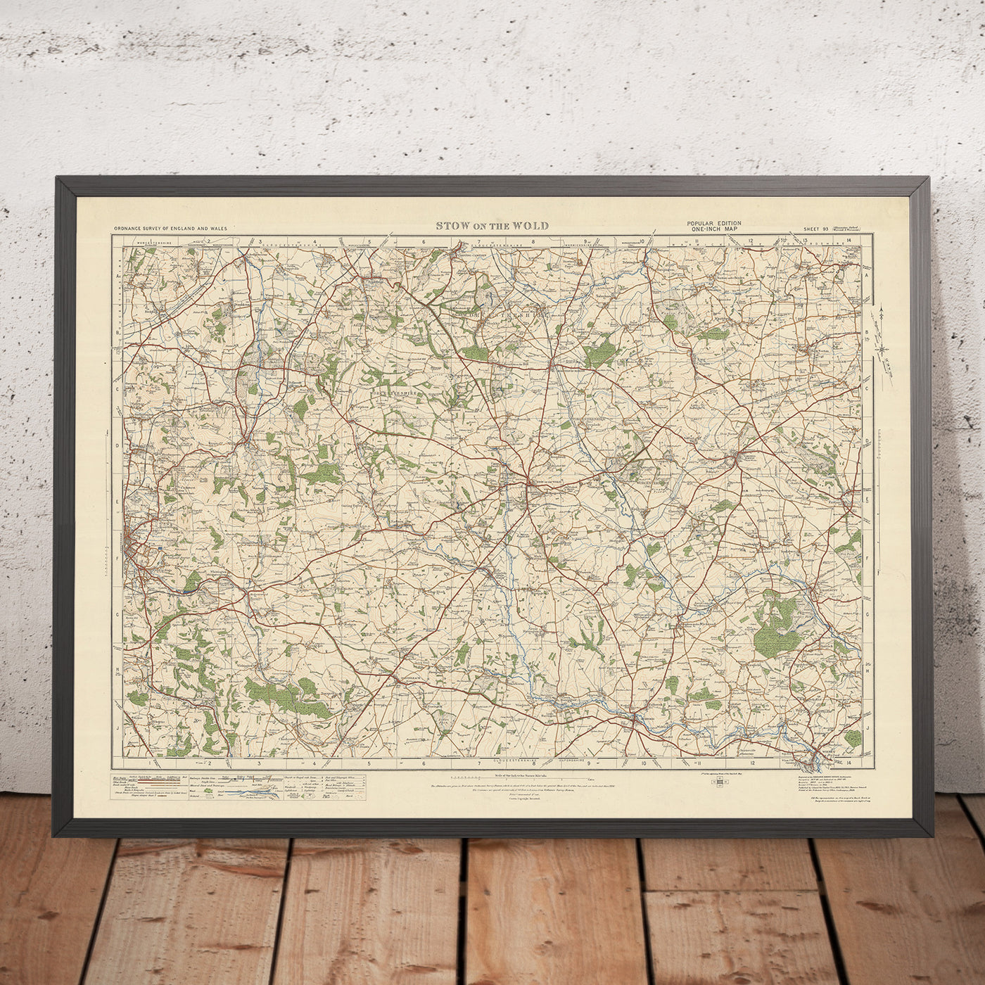 Carte Old Ordnance Survey, feuille 93 - Stow on the Wold, 1925 : Moreton-in-Marsh, Chipping Norton, Bourton-on-the-Water, Witney, Cotswolds AONB
