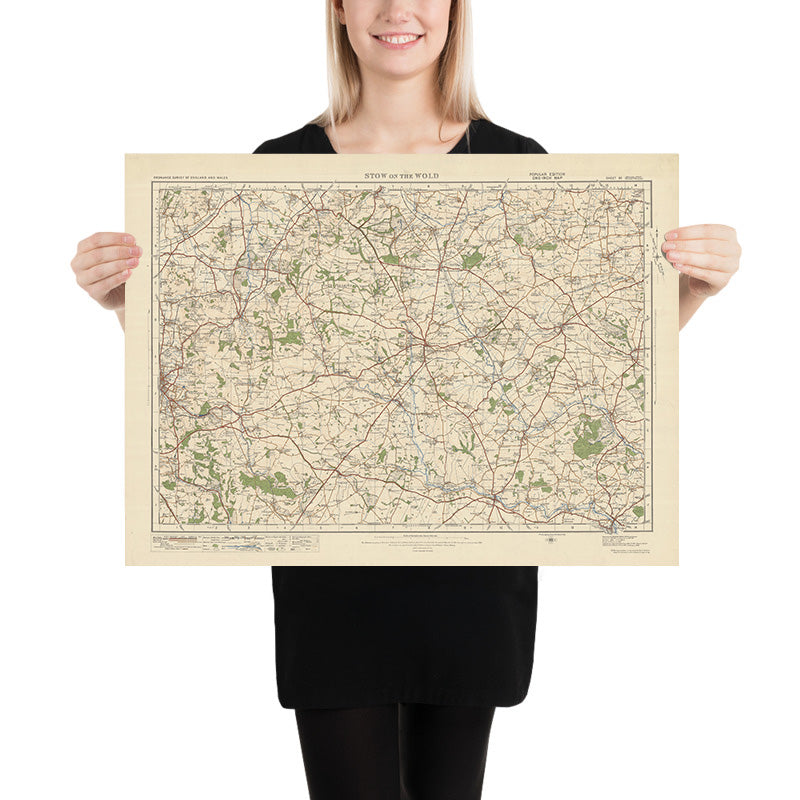 Carte Old Ordnance Survey, feuille 93 - Stow on the Wold, 1925 : Moreton-in-Marsh, Chipping Norton, Bourton-on-the-Water, Witney, Cotswolds AONB