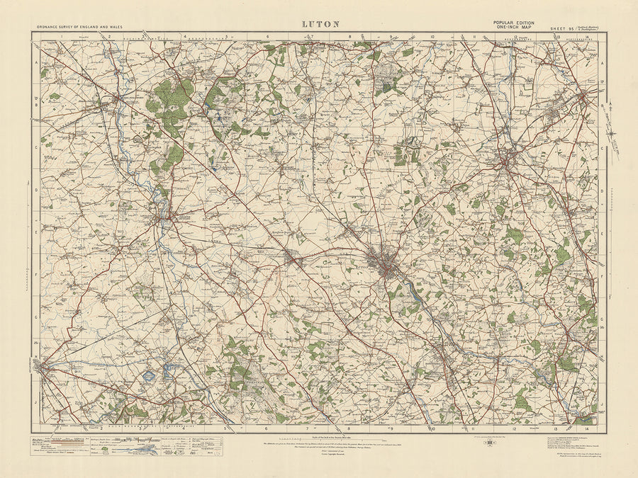 Alter Ordnance Survey-Karte, Blatt 95 - Luton, 1925: Leighton Buzzard, Hitchin, Stevenage, Dunstable, Milton Keynes 