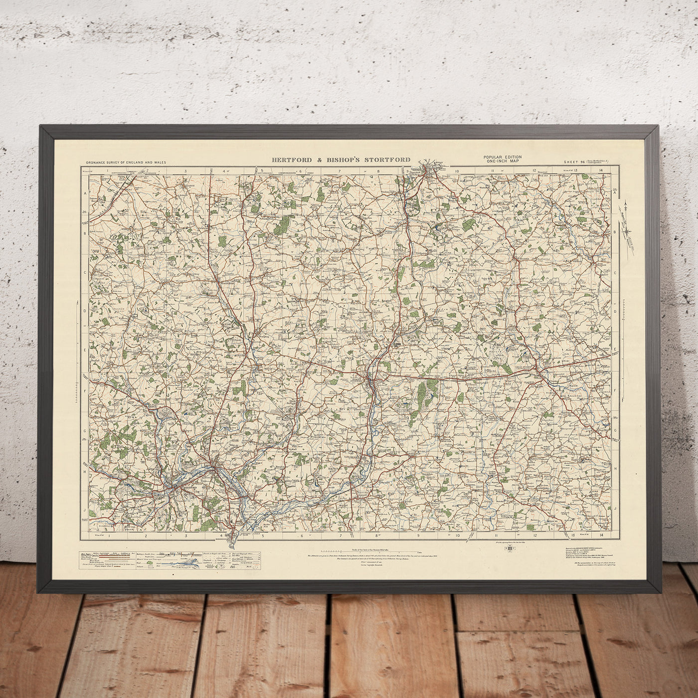 Carte Old Ordnance Survey, feuille 96 - Hertford & Bishops Stortford, 1925 : Harlow, Saffron Walden, Ware, Hoddesdon et Great Dunmow