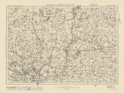 Carte Old Ordnance Survey, feuille 96 - Hertford & Bishops Stortford, 1925 : Harlow, Saffron Walden, Ware, Hoddesdon et Great Dunmow