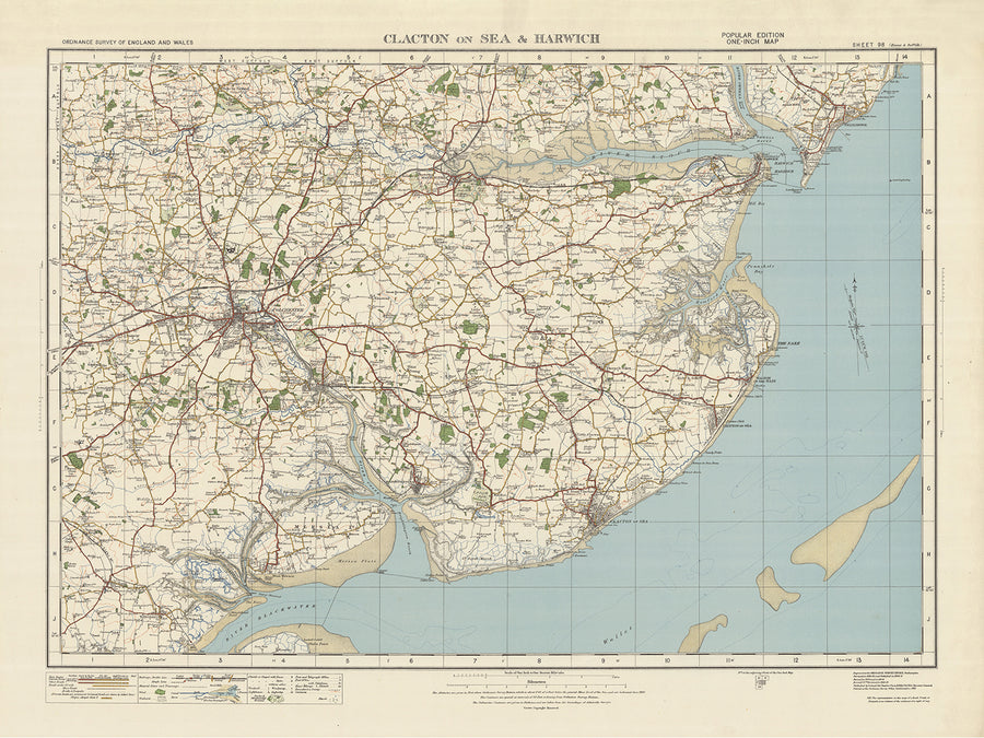Alte topografische Karte, Blatt 98 - Clacton-on-Sea & Harwich, 1925: Colchester, Walton-on-the-Naze, Felixstowe, Dedham Vale AONB 