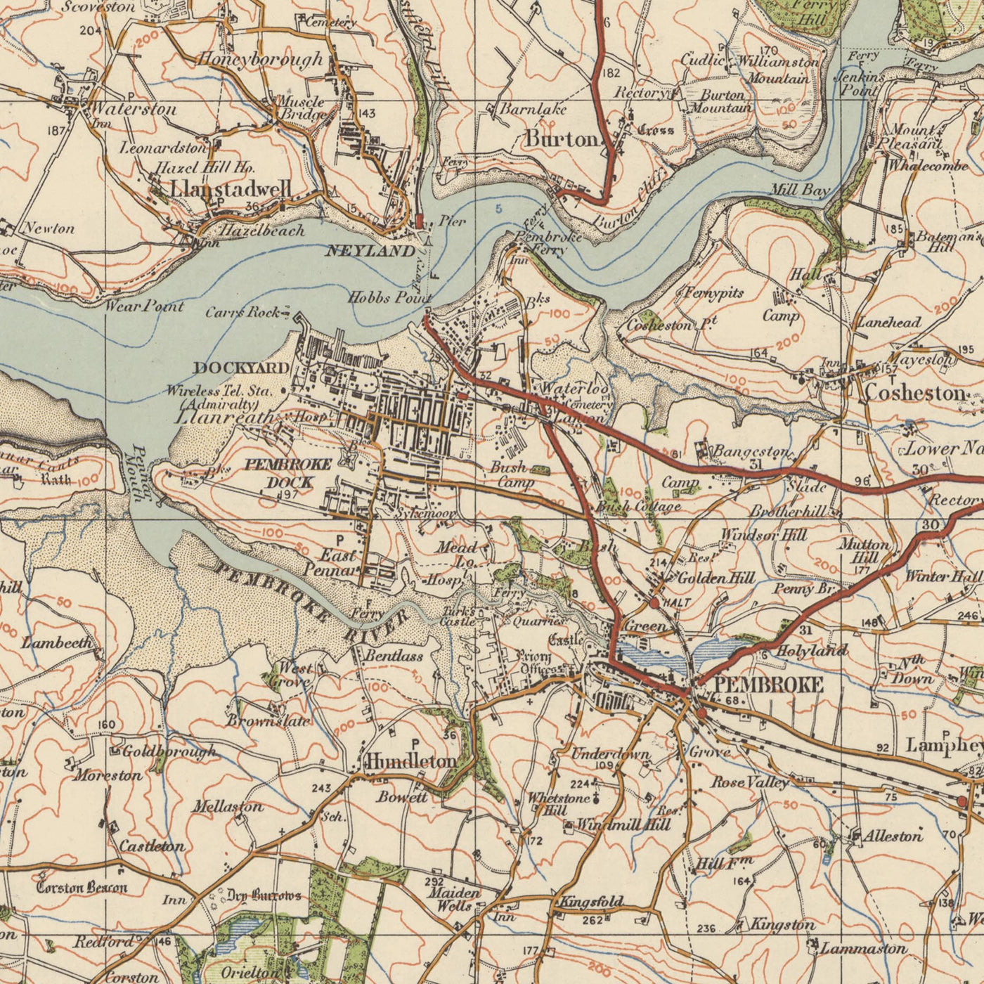 Alte Ordnance Survey-Karte, Blatt 99 - Pembroke & Tenby, 1925: Neyland, Milford Haven, Haverfordwest, Narberth, Pembrokeshire Coast Nationalpark 