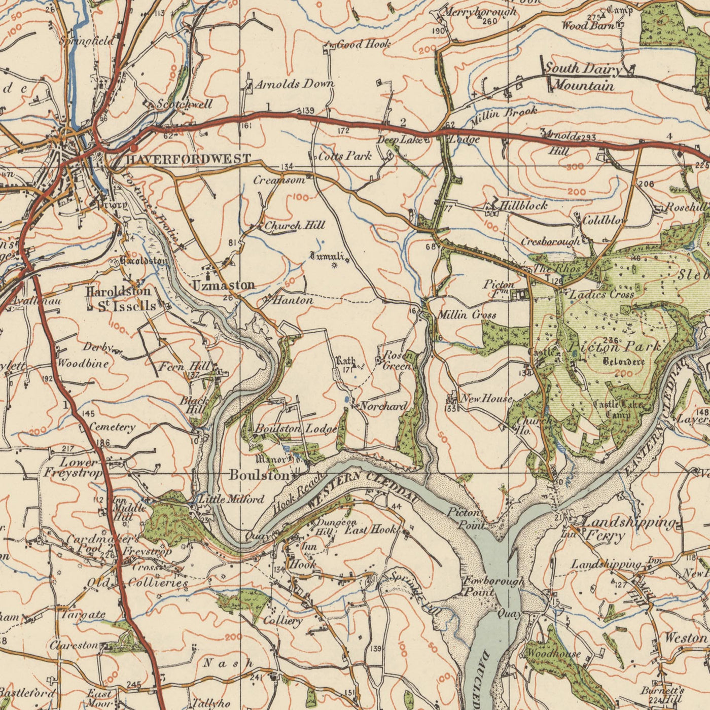 Alte Ordnance Survey-Karte, Blatt 99 - Pembroke & Tenby, 1925: Neyland, Milford Haven, Haverfordwest, Narberth, Pembrokeshire Coast Nationalpark 