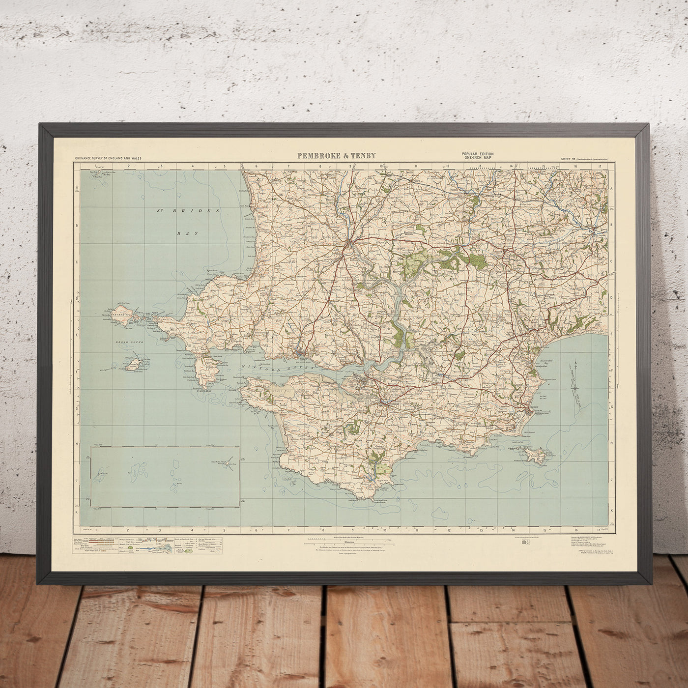 Carte de l'Old Ordnance Survey, feuille 99 - Pembroke & Tenby, 1925 : Neyland, Milford Haven, Haverfordwest, Narberth, parc national de la côte du Pembrokshire