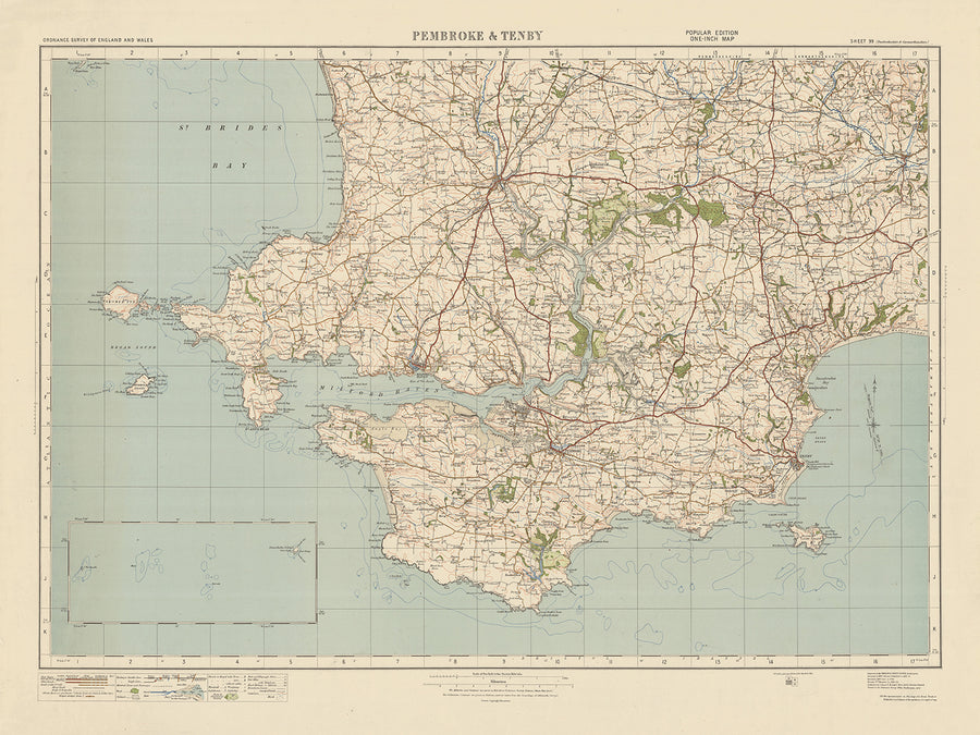 Alte Ordnance Survey-Karte, Blatt 99 - Pembroke & Tenby, 1925: Neyland, Milford Haven, Haverfordwest, Narberth, Pembrokeshire Coast Nationalpark 