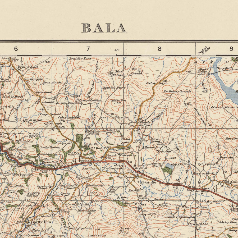 Mapa de Old Ordnance Survey, Hoja 50 - Bala, 1925: Corwen, Blaenau Ffestiniog, Trawsfynydd, Coed y Brenin Forest Park, Parque Nacional Eryri (Snowdonia)