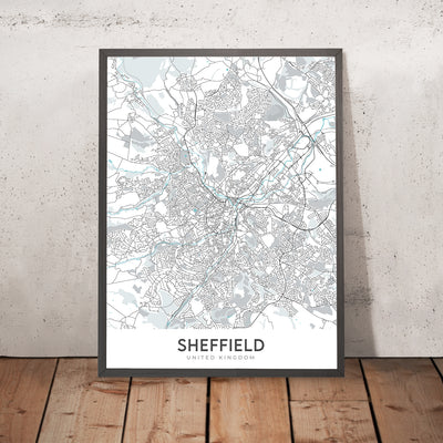 Mapa moderno de la ciudad de Sheffield, Reino Unido: centro de la ciudad, catedral de Sheffield, Weston Park, A61, M1